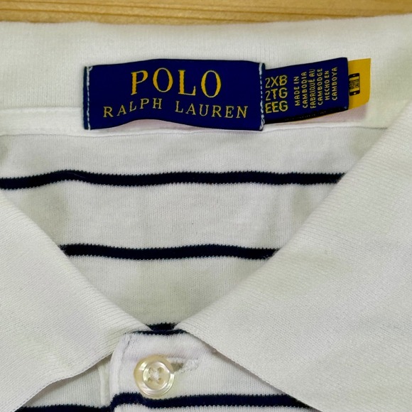 Polo Ralph Lauren White Navy Stripe Polo Shirt 2XB Classic Fit Cotton Top - Picture 3 of 8